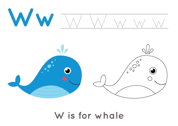 Coloring page with cute cartoon whale. Alphabet tracing worksheet with letter W. Handwriting practice for kids.