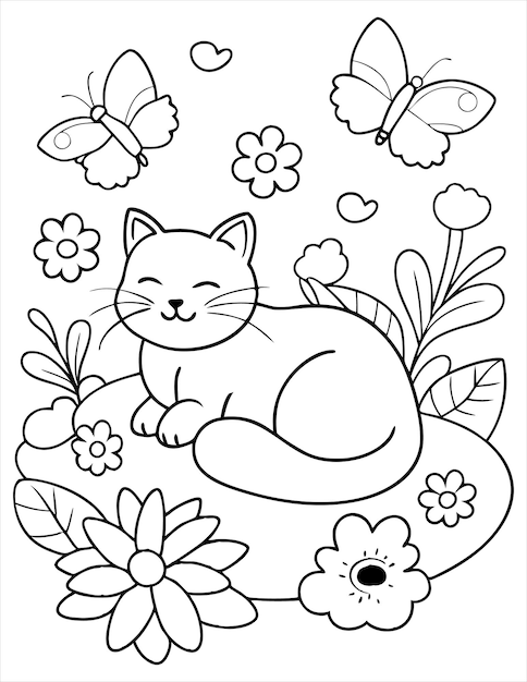 Vector coloring page with cute cat and butterfly coloring book for kids hand drawn vector