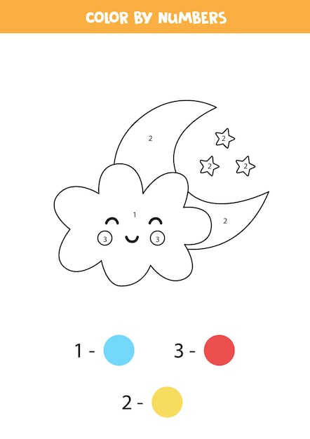 Coloring page with cute cloud and moon. Color by numbers. Math game for kids.