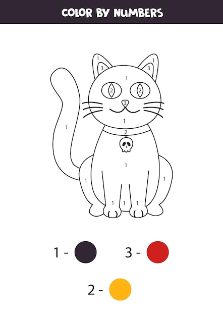 Coloring page with cute Halloween cat. Color by numbers. Math game for kids.