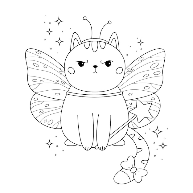 Coloring page with cute kawaii cat in butterfly costume