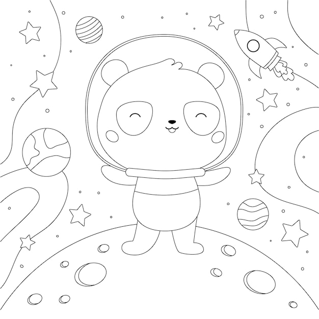 Coloring page with cute kawaii panda on the moon