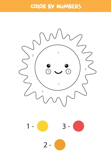 Coloring page with cute kawaii Sun. Color by numbers. Math game for kids.