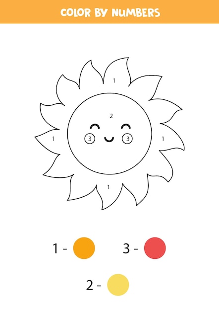 Coloring page with cute kawaii Sun. Color by numbers. Math game for kids.