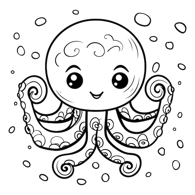 Vector coloring page with cute octopus vector illustration for children