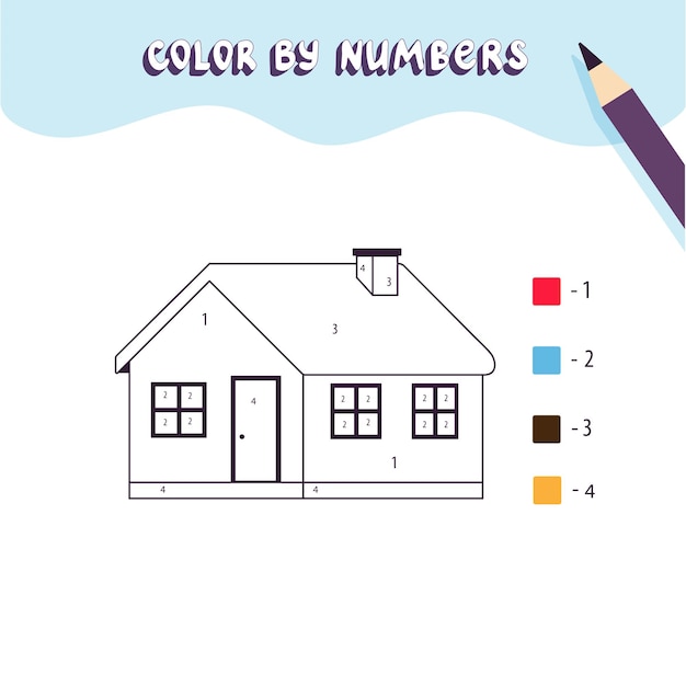 Coloring page with cute rural house. Color by numbers. Educational kid game, drawing childrens activity, printable worksheet.