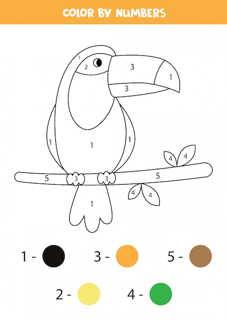 Coloring page with cute toucan. Math game for kids.