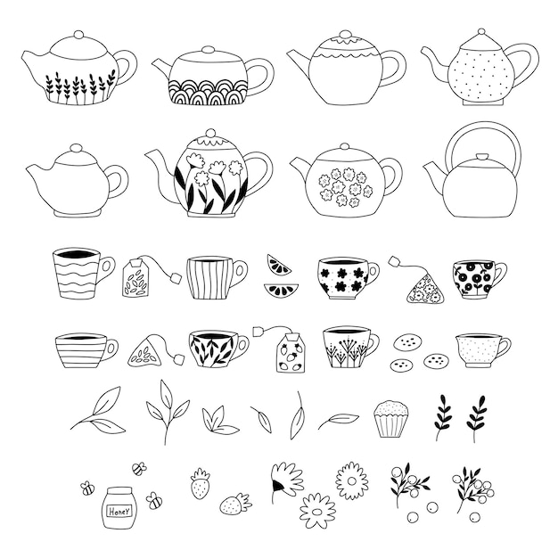 Coloring page with doodle tea pot and cup collection