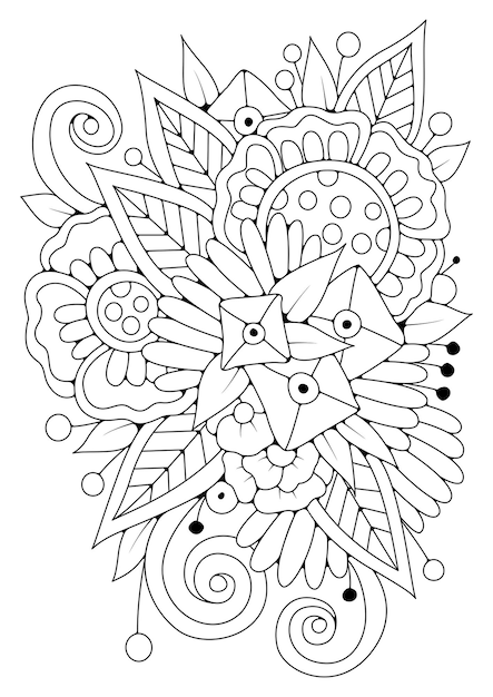 Coloring page with flowers, leaves and curls. Black and white background for coloring. Art therapy.