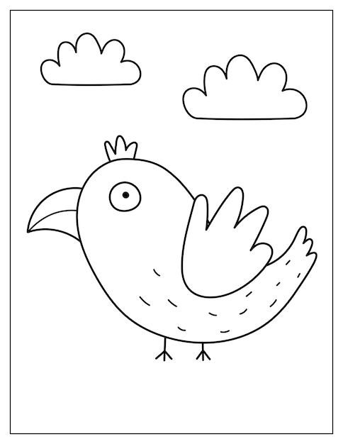 Coloring page with a flying spooky bird. Kids print with a crow for coloring book. Vector