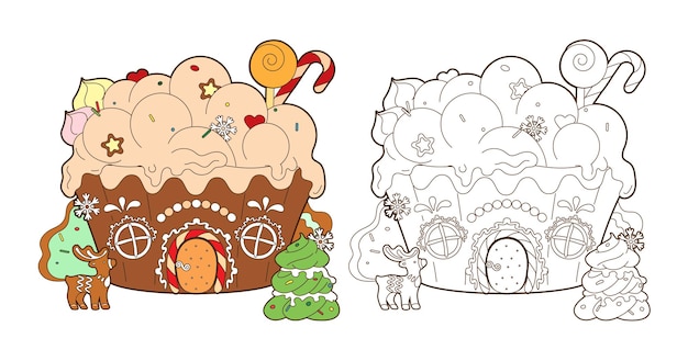 Coloring page with gingerbread house Christmas candies and new year gingerbread tree vector