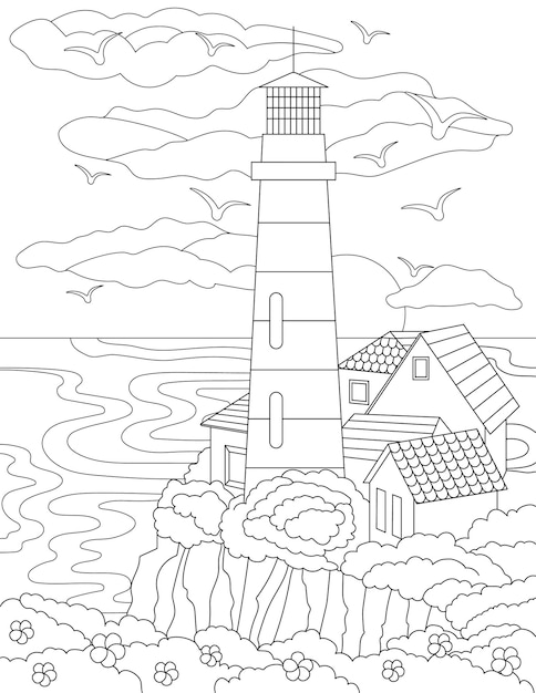 Coloring Page With Houses On Hill Next To Lighthouse Ocean And Birds In Sky Sheet To Be Colored With Buildings On Top Of Cliff See Clouds And Doves