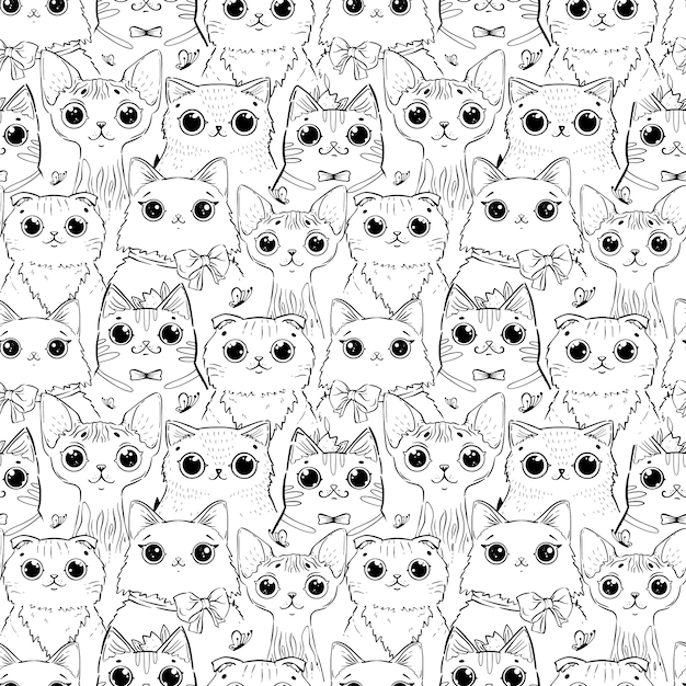 Coloring page with pattern of different cartoon heads of cats.