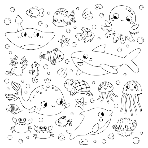 Coloring page with sea animals