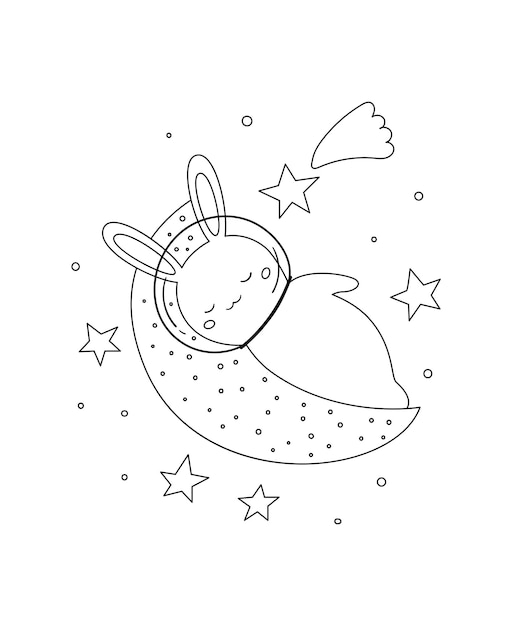 Coloring page with sleepy bunny on moon and stars