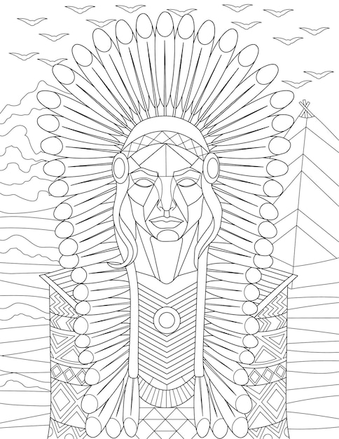 Coloring Page With Very Detailed Indian Man With Mountains And Birds In Background Sheet To Be Colored With Boy In Tribal Clothes With Cliffs And Pigeons In Sky