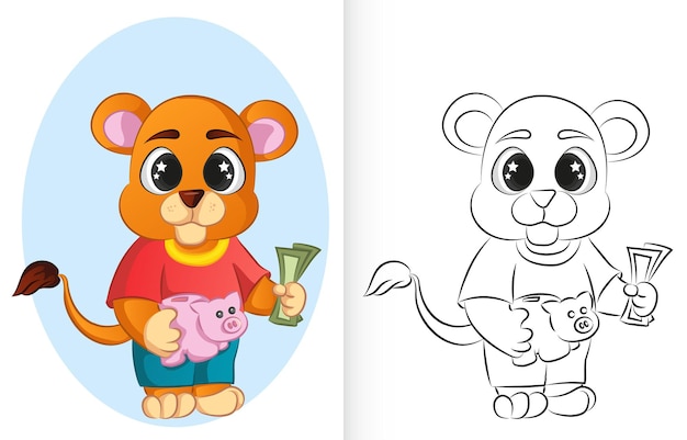 Coloring pages Animals happy cute lion holding piggy bank