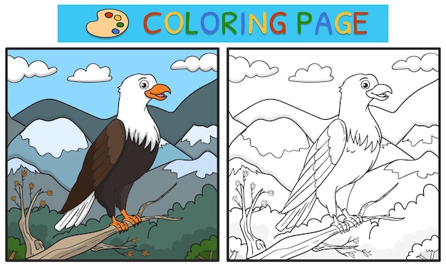 Coloring pages or books for children illustration of an eagle on a tree