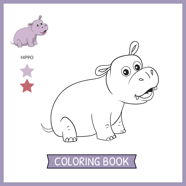 Coloring pages or books for kids cute hippo cartoon illustration