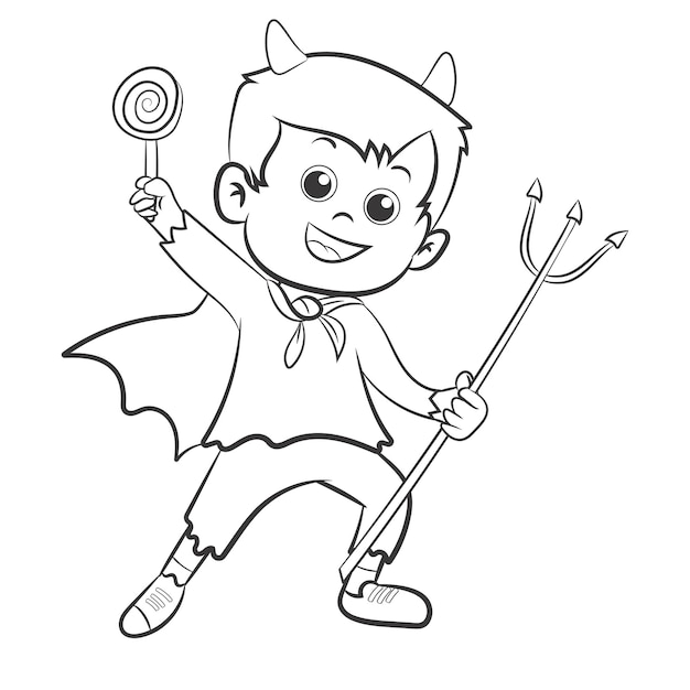 Coloring pages or books for kids cute little kid wears devil costume halloween celebrate