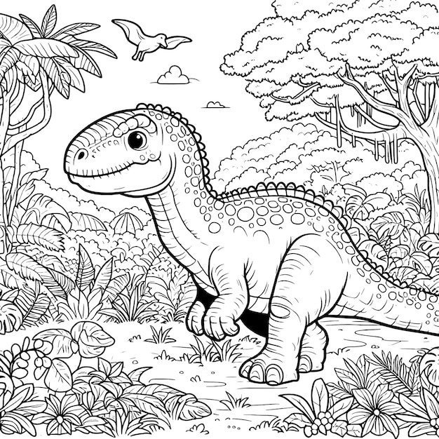 Coloring pages cute tyrannosaurus dinosaur of meadows trees and clouds vector generative ai