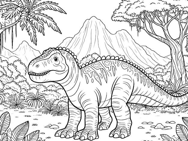 Coloring pages cute tyrannosaurus dinosaur of meadows trees and clouds vector generative ai