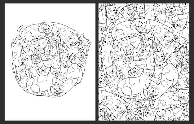 Coloring pages set with cute cats Doodle feline animals templates for coloring book