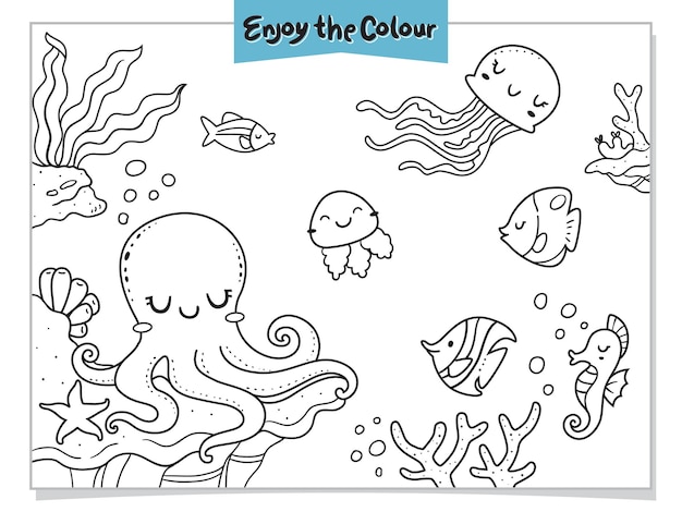 Coloring sheet octopus jellyfish seahorse fish and coral in the ocean