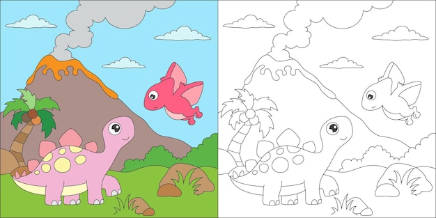 Coloring stegosaurs and friend illustration