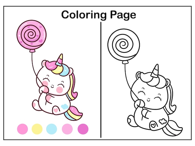 Coloring unicorn and candy balloon kawaii worksheet