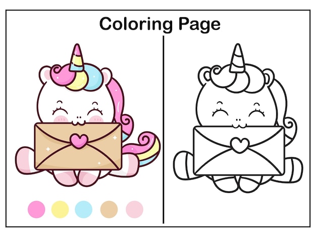 Coloring unicorn and love letter kawaii worksheet