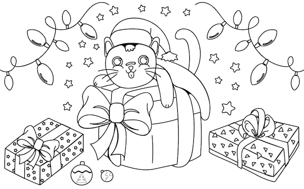 Coloring with cute cartoon cat with gift