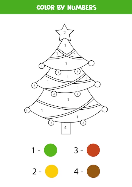 Coloring worksheet with Christmas tree. Color fir tree by numbers. Educational game for kids.