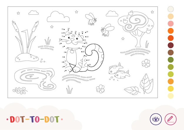 Colorless dottodot image with a striped cat sitting by the lake Petsrelated preschool kids color