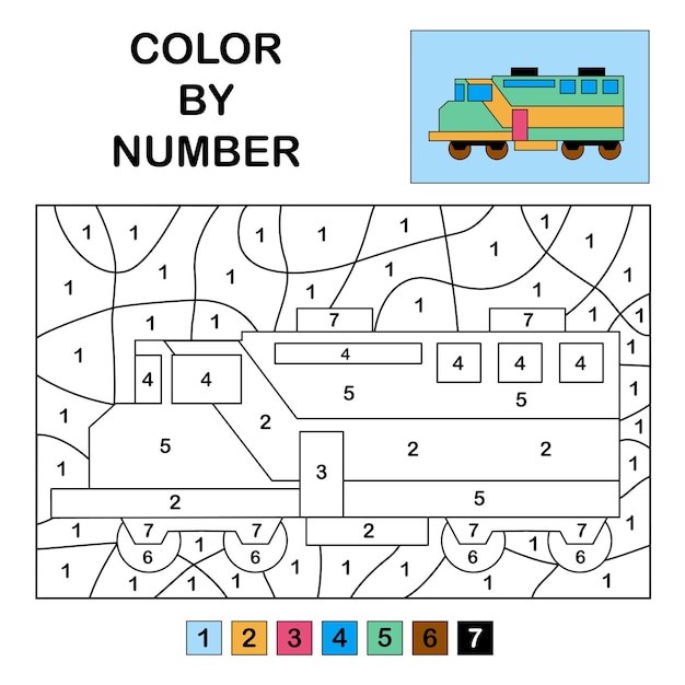 Colour in the numbers on the big train Educational game for kids and teens Colouring page