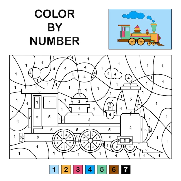 Colour in the numbers on the train Educational game for kids and teens Colouring page