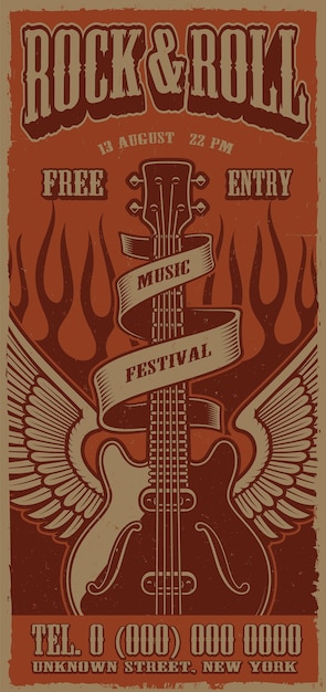 Colour vintage poster on the theme of rock and roll with guitar and wings.