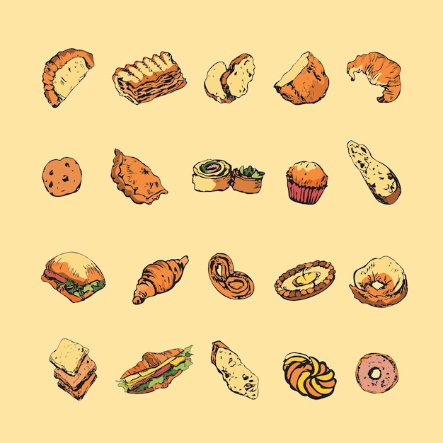 Coloured hand drawn pen sketch of bread and bakery goods Set of clipart elements