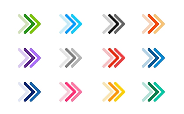 Colourful Arrow sign icon set. Simple circle shape internet button on grey background.