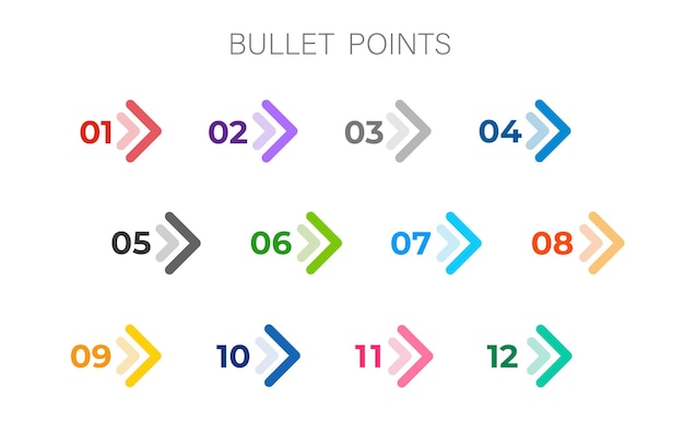 Colourful arrows set isolated. Direction number bullet points from one to twelve.