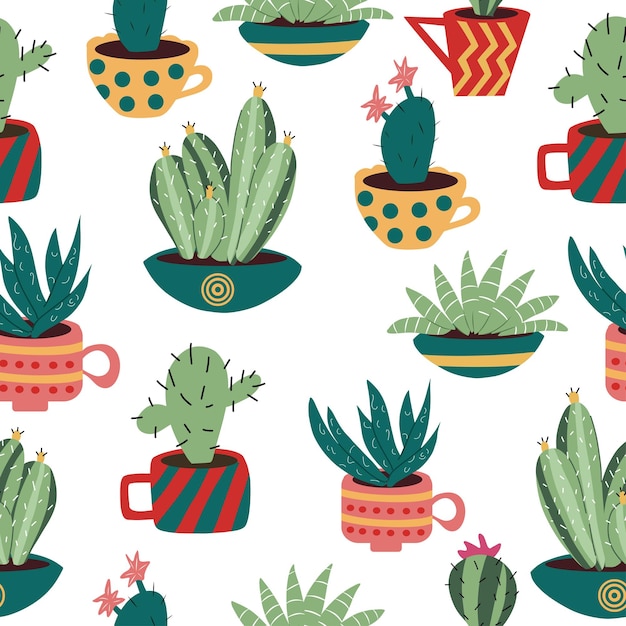 Colourful and bright seamless pattern with colourful cacti in the cups on the white background