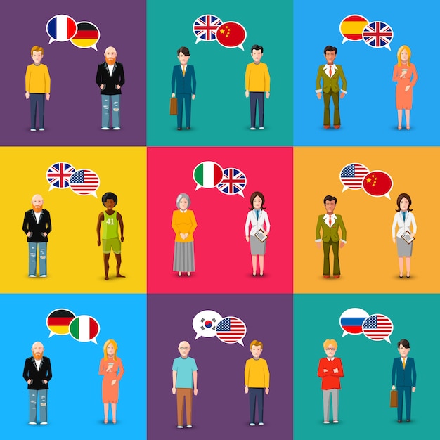 Colourful characters with speech bubbles with different countries flags in flat design style, language study concept illustration