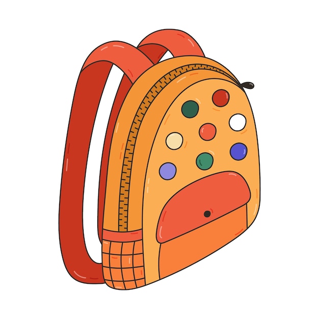 Vector colourful doodle kids schoolbag with pockets zipper badges back to school outline rucksack or bag full of school supplies hand drawn backpack for children students childish illustration