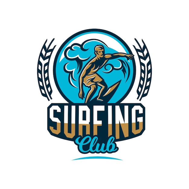 Colourful emblem logo sticker surfer drifting on the waves Californian beach extreme sport Vector illustration for printing on Tshirts