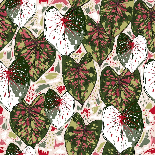 Colourful hand drawn Tropical Caladium leaves with hand sketch colour splash seamless pattern ,Design for fashion , fabric, textile, wallpaper, cover, web , wrapping and all prints