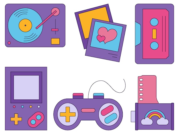 Colourful icon set of a 90s in a flat style isolated on a white background