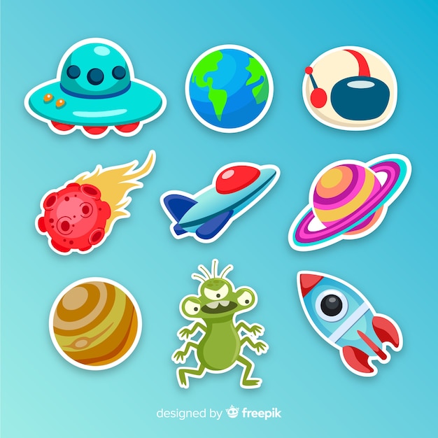 Colourful illustrated space stickers collection