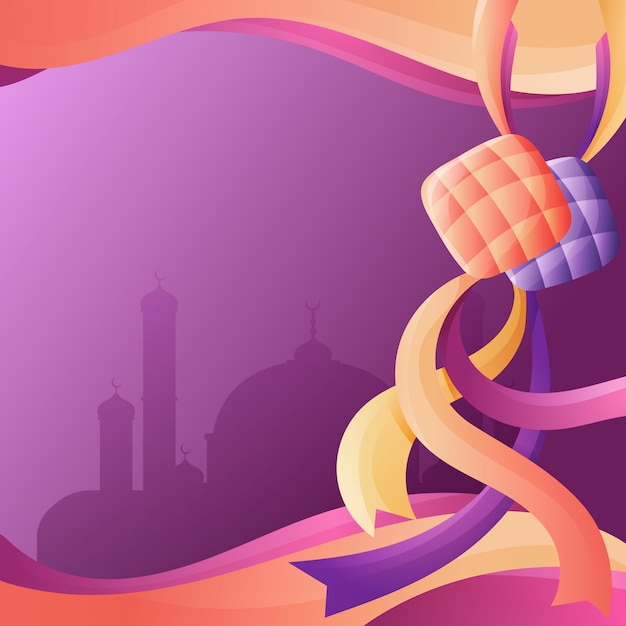 Colourful Ketupat  Illustration for Muslim Eid Mubarak Celebration With Wave and Mosque Background