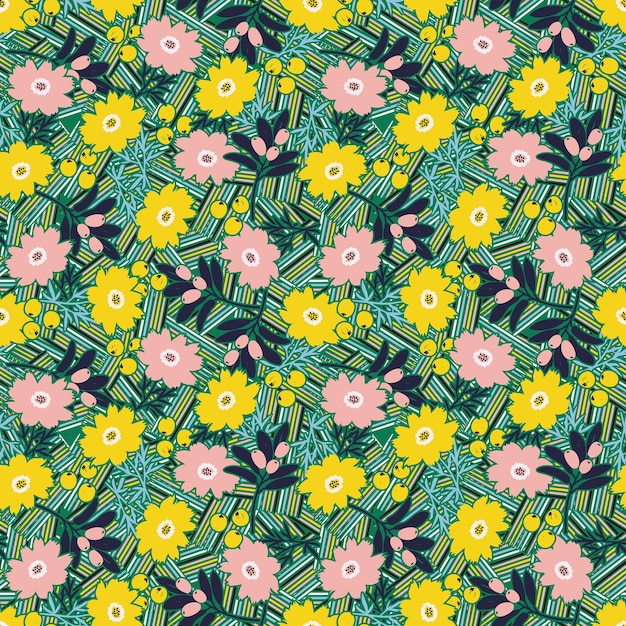 Colourful Modern flower on multicolour of stripe background seamless pattern vector Illustration cute florals