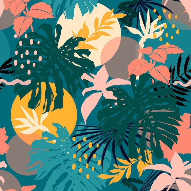 Colourful Modern tropical Art Future Abstract and artistic palm jungle leaves Seamless pattern Vector